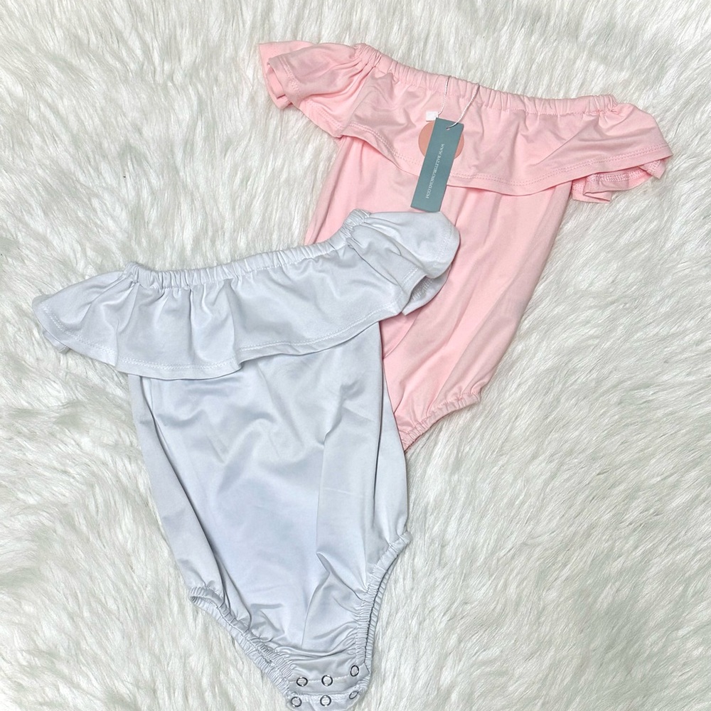 Pink and White Off-Shoulder Kids Rompers